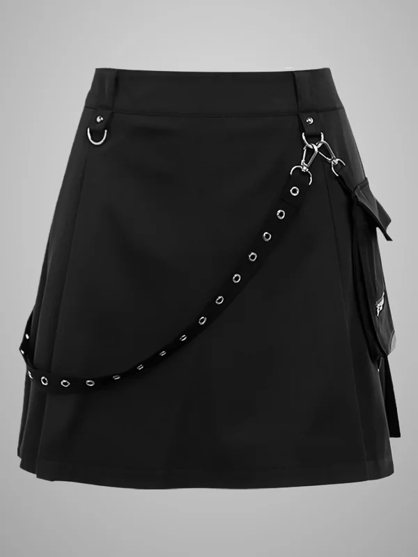 Side Pocket Pleated Strappy Chains Back Zipper Dark Goth Skirt