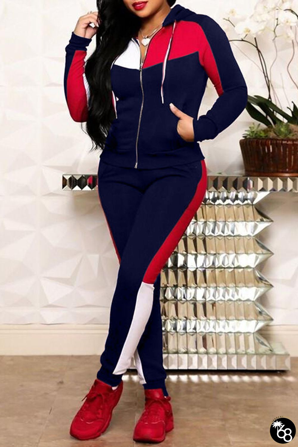 Deep Blue Casual Patchwork Contrast Hooded Collar Long Sleeve Two Pieces | 168DEAL