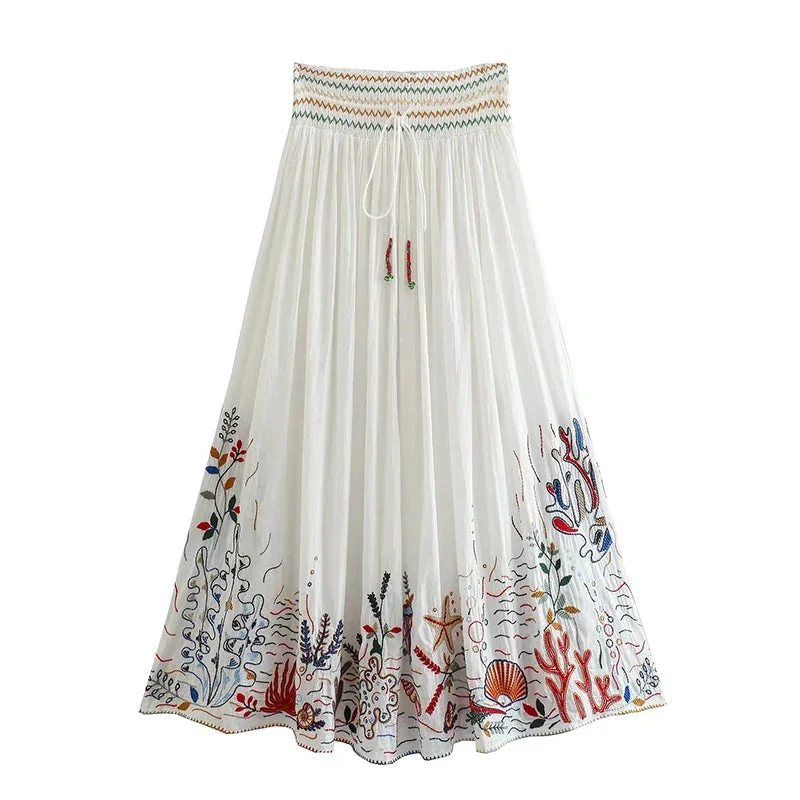Tlbang 2024 Women White Long Embroidered Skirt Vintage Drawstring Elastic Mid Waist Female Pleat Boho Skirts