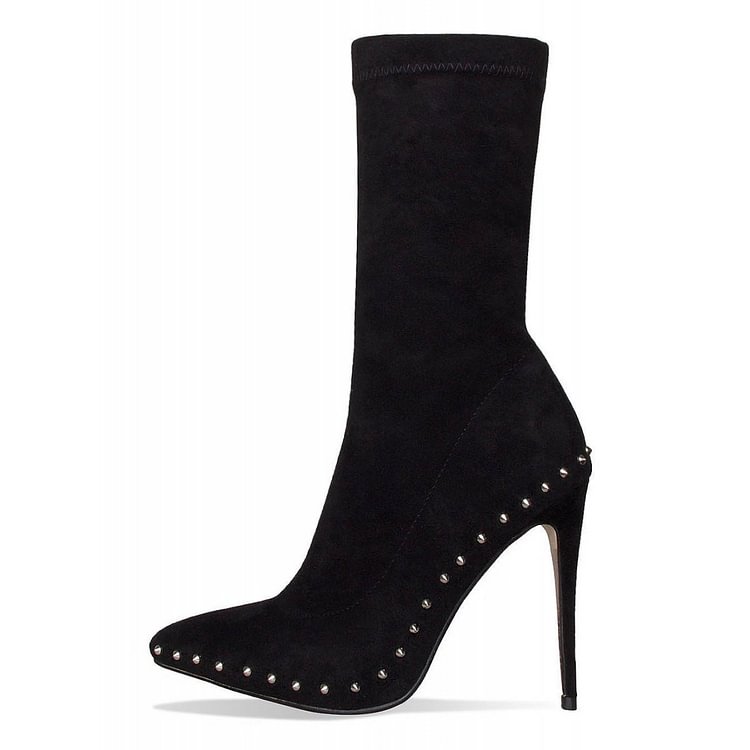 Black Rivets Fashion Boots Pointy Toe Stiletto Heels Suede Ankle Boots |FSJ Shoes