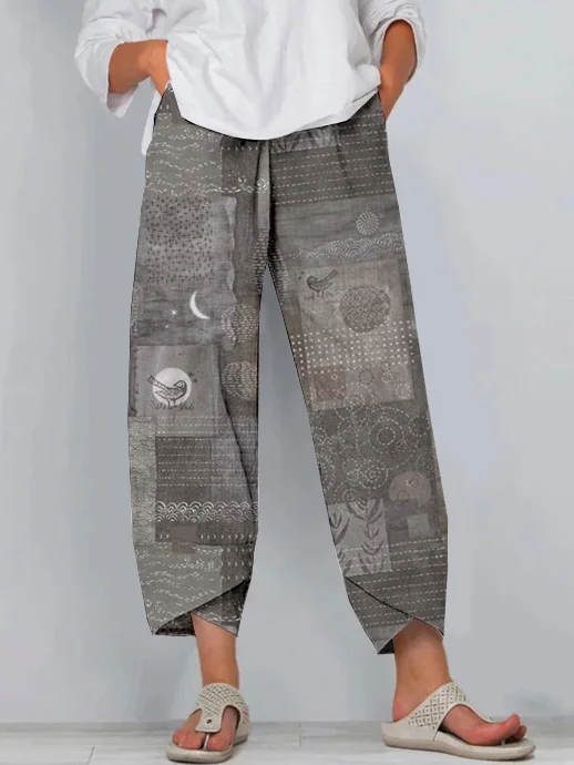 Comstylish Japanese Sashiko Patchwork Patterns Cropped Casual Pants
