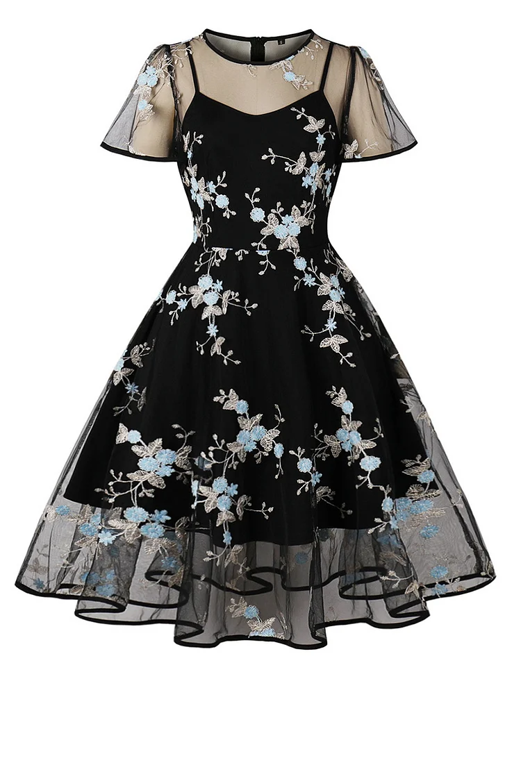 1950s Black Party Mesh Patchwork Flower Embroidery A-line Swing Midi Dress