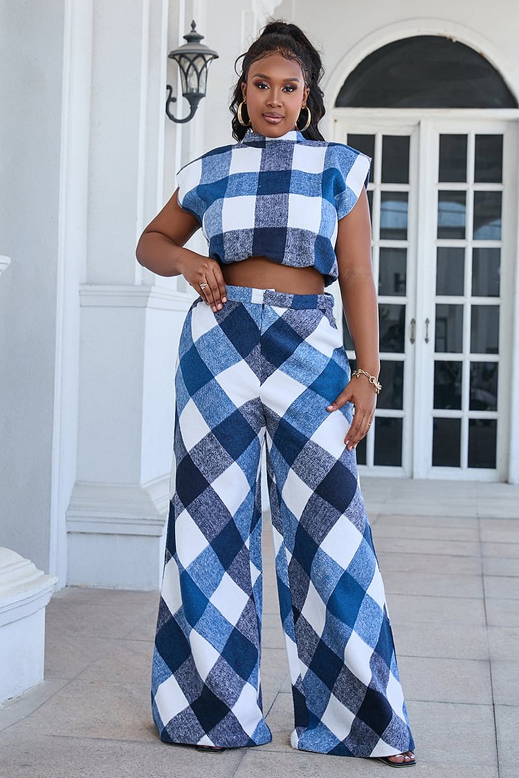 Wool Sleeveless Plaid Top Loose Pant Set