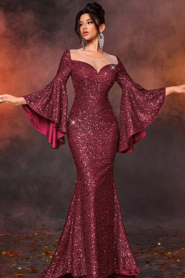 fitted lace wedding dress Elegant Burgundy Sequin Mermaid Prom Dress: Sparkle and Shine for Your  Special Occasion main image 0
