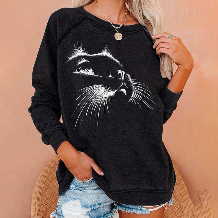Vefave Cat Print Crew Neck Long Sleeve Casual Sweatshirt