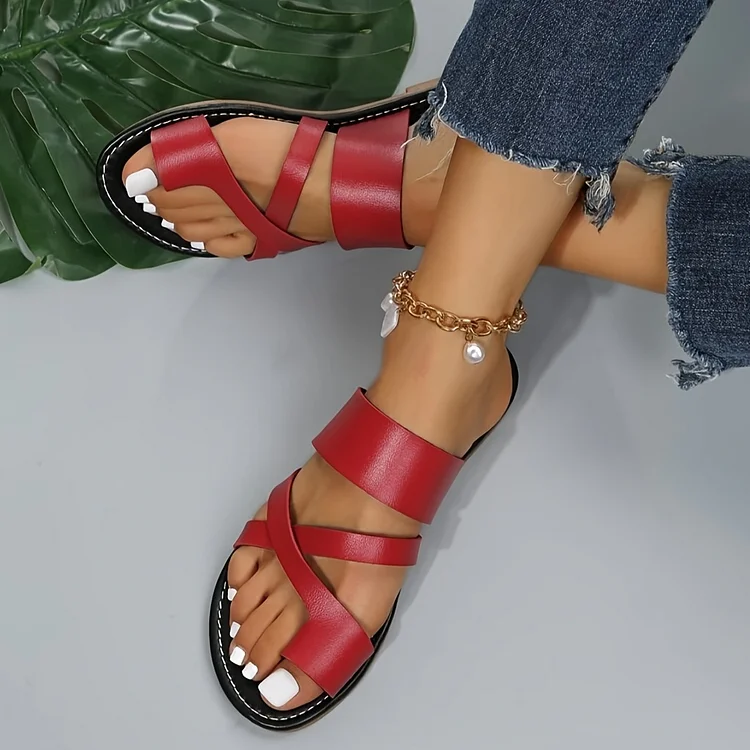 Women's Toe Loop Cross Strap Flat Slippers Open Toe Non Slip Solid Slides Shoes VangoghDress