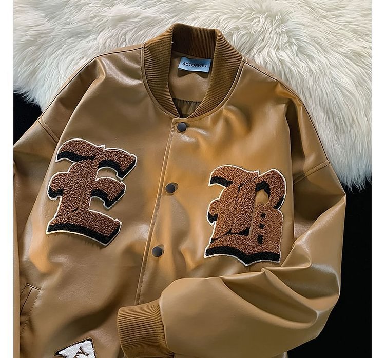 Lettering Applique Faux Leather Baseball Jacket Kt964