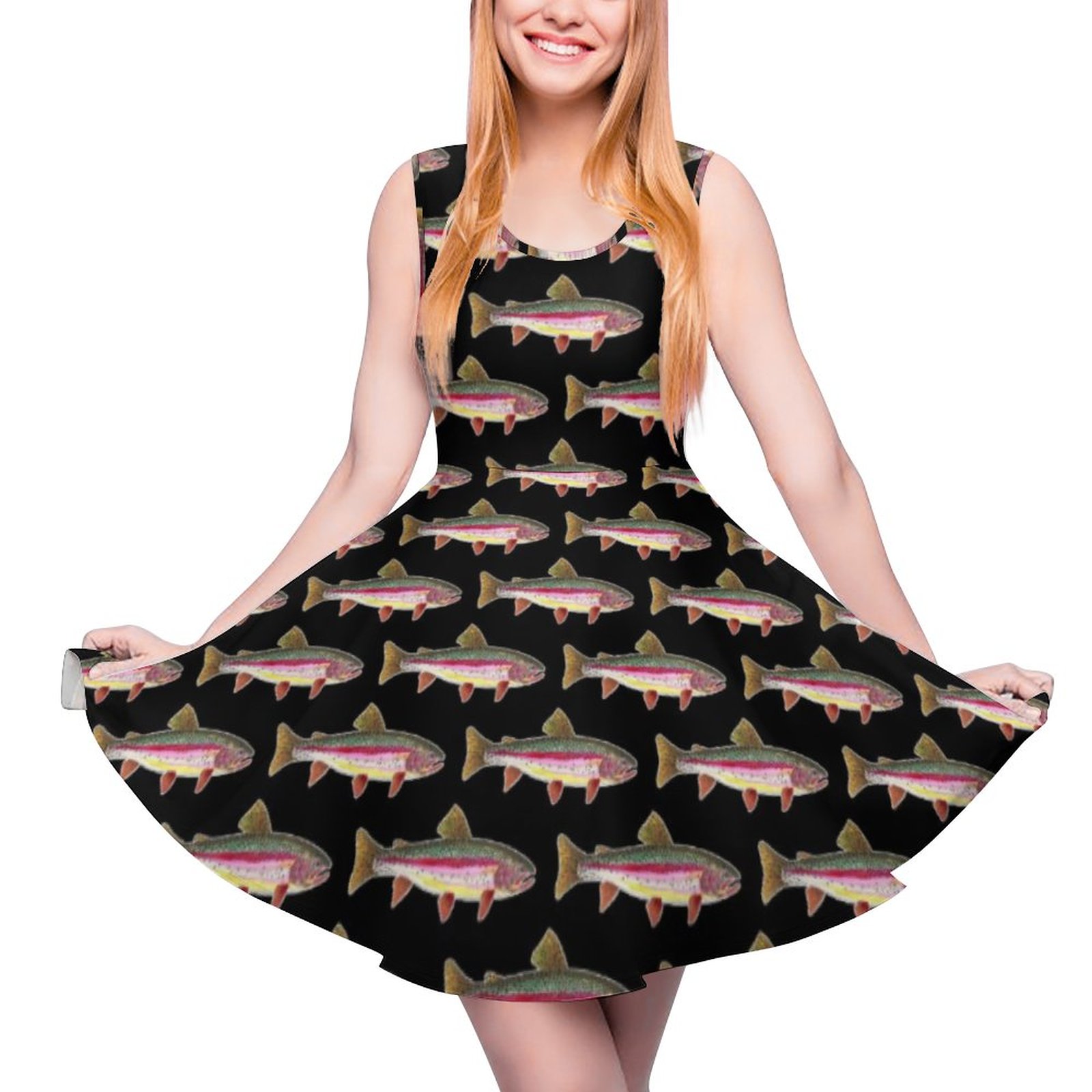 Fun Rainbow Trout Love Fly Fishing Ichthyology Casual Flared Tank Dress Rainbow-M