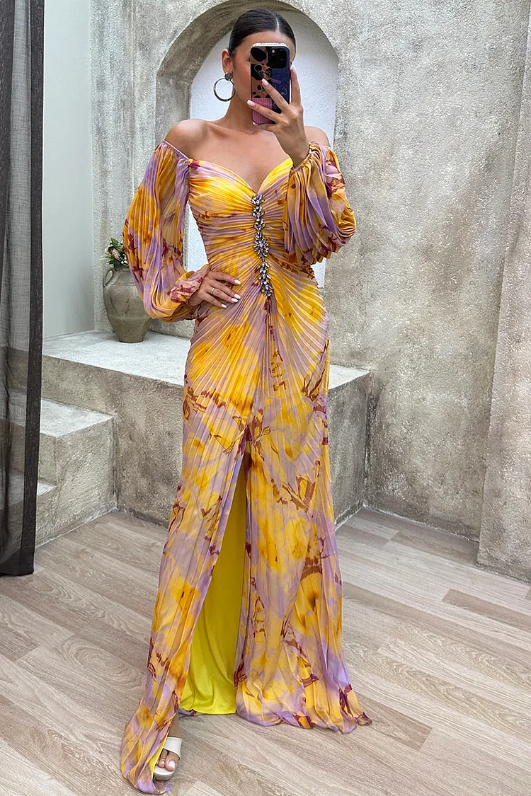 Pattern Print Pleated Off Shoulder Lantern Sleeve Slit Gowns Maxi Dresses-Yellow