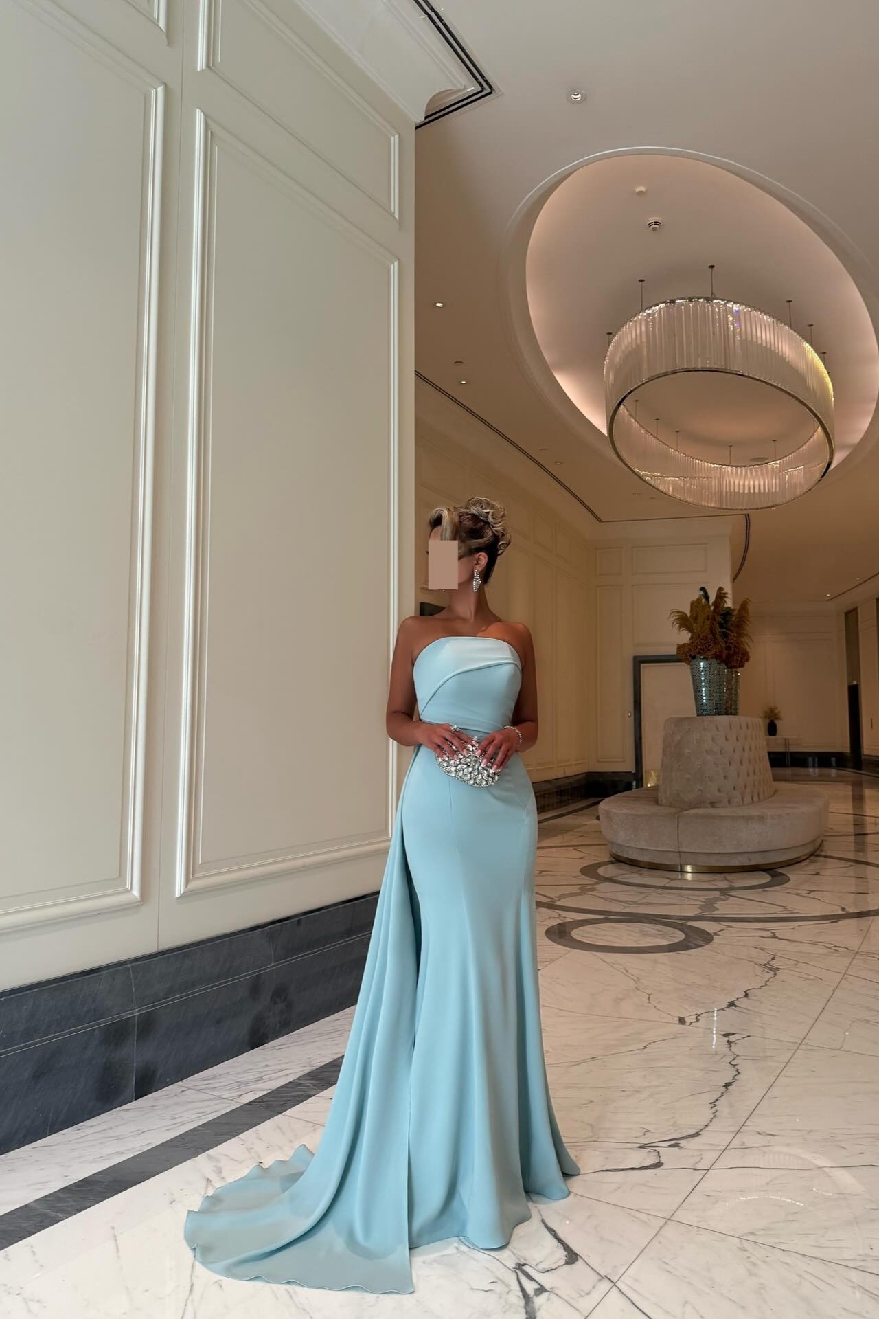 Lvs&Broner Chic Blue Strapless Sleeveless Long Pleated Prom Dress With Mermaid