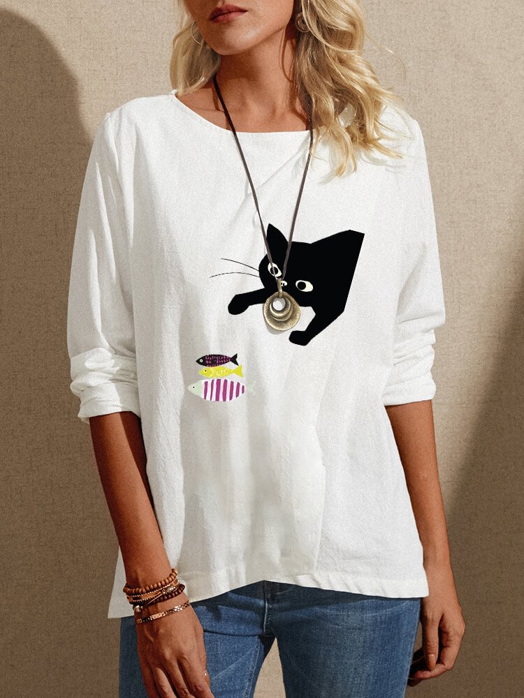 Cartoon Cat Fish Print Patchwork O neck Long Sleeve Blouse P1731484