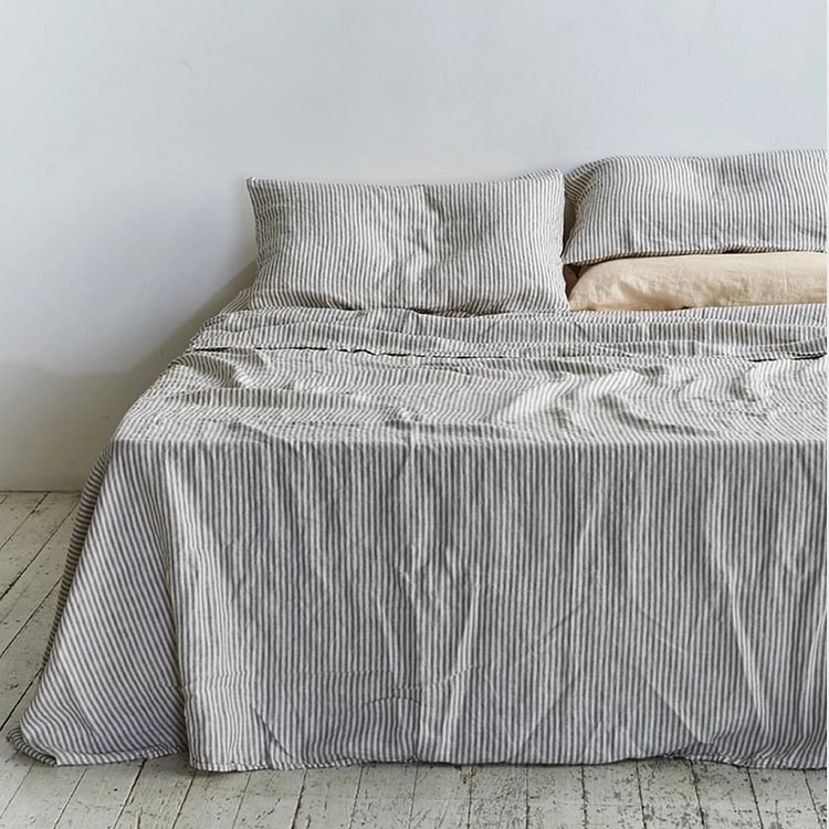 4cps | 100% Flax Linen Sheet Set With Gray Stripes-ChouChouHome