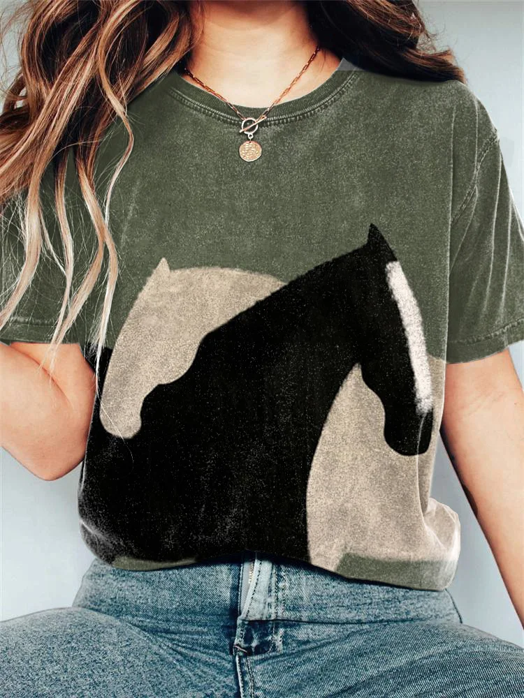 Comstylish Horse Oil Painting Art Print Casual Cotton T-Shirt