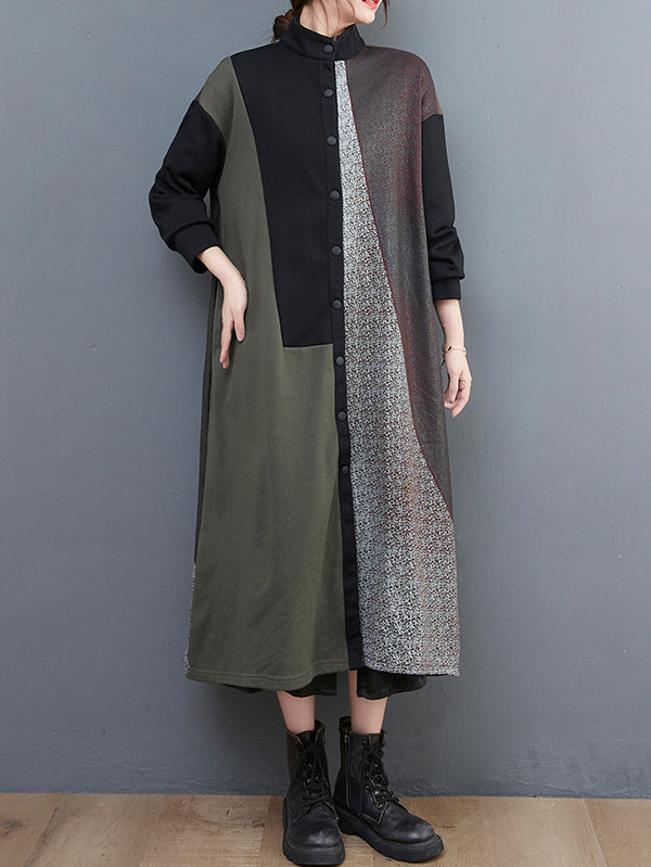 Original Loose Split-Joint Contrast Color Midi Dress