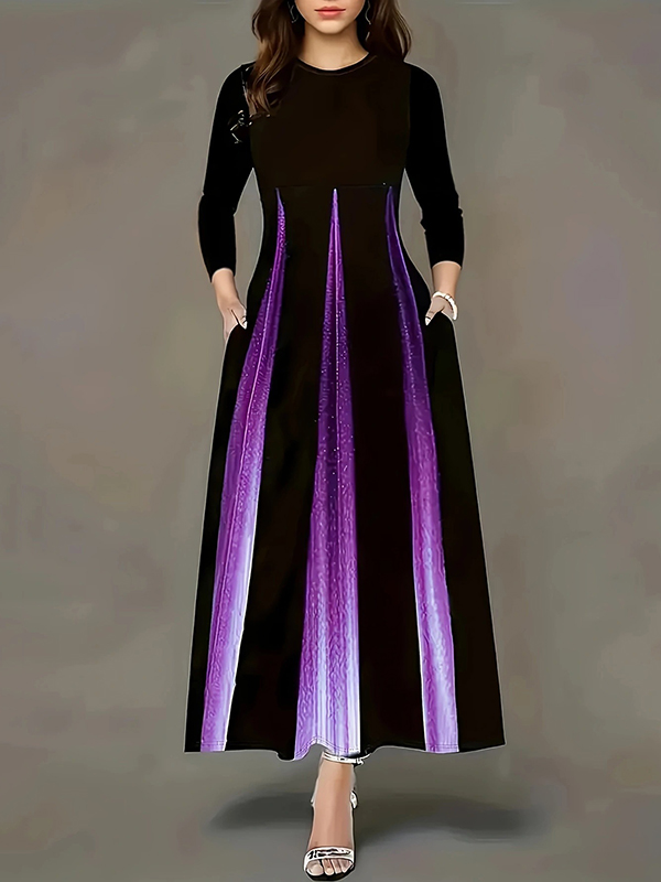A-Line High Waisted Contrast Color Hollow Round-Neck Maxi Dresses
