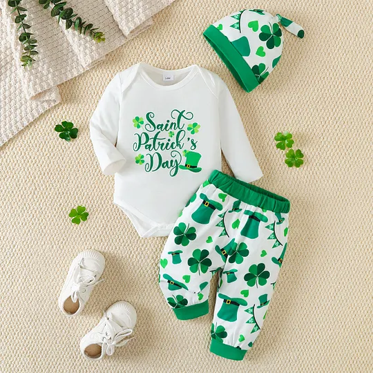 【0M-18M】Unisex St. Patrick's Day Letter Print Cute Top + All-Over Shamrock Print Pants Set