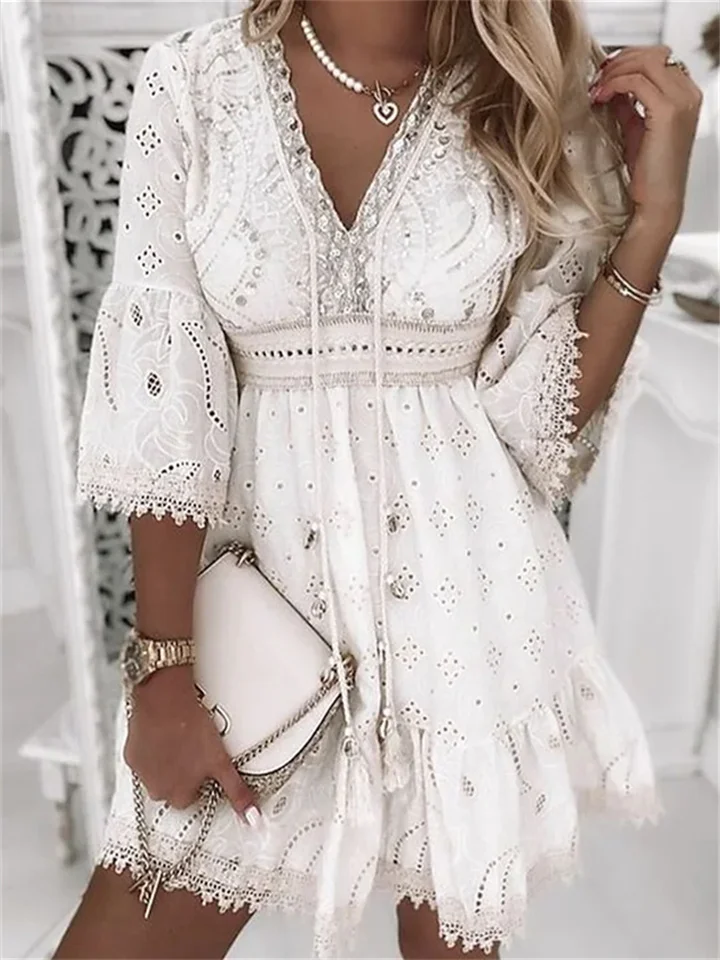 Women's Party Dress Lace Short Mini Dress White 3/4 Length Sleeve Embroidery Hollow Out Ruched Fall Winter V Neck Stylish Modern 2022 S M L XL 2XL 3XL-JRSEE