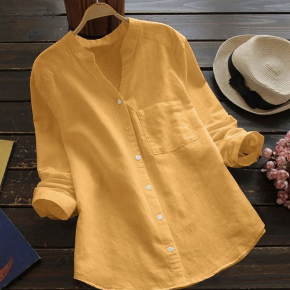 Smiledeer New Ladies Cotton Linen Solid Color Long Sleeve Casual Loose Shirt