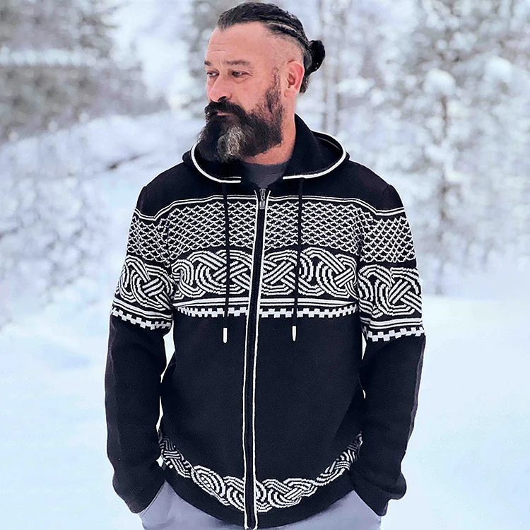 Men's Viking Art Jacquard Knitting Hooded Cardigan