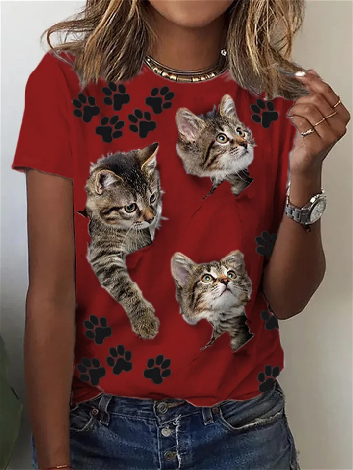 Summer Ladies Pop Animal Cat Print Short Sleeve Round Neck T-shirt Large Size T-shirt-JRSEE