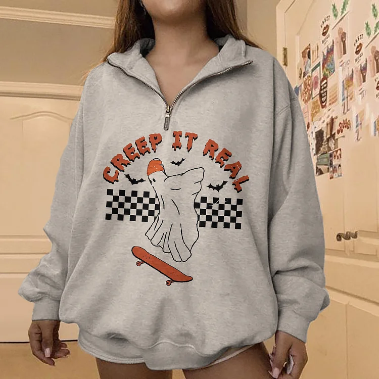Vefave Halloween Skate Ghost Print Sweatshirt
