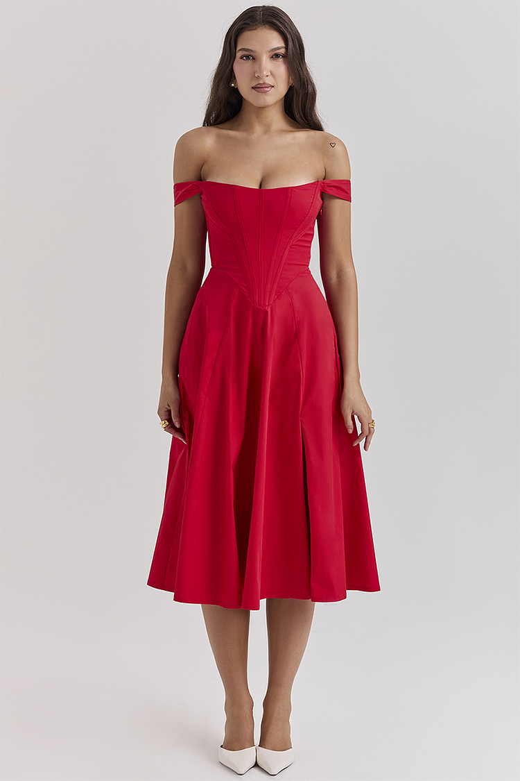 Dropped Shoulder Corset A-Line Slit Solid Color Midi Dresses-Red