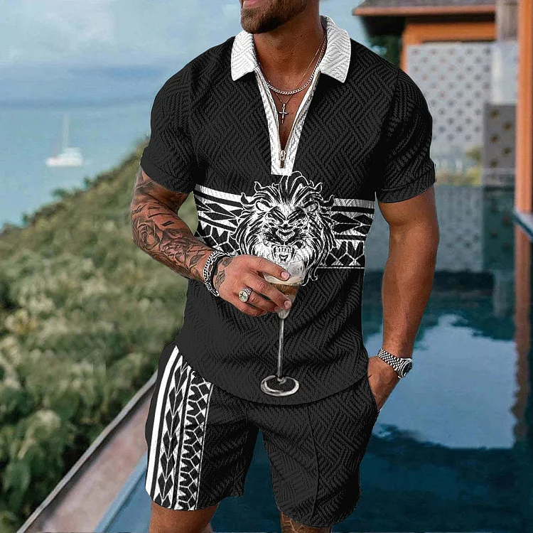 Broswear Men's Lion Stripe Print Sleeve Polo Shirt And Shorts Co-Ord