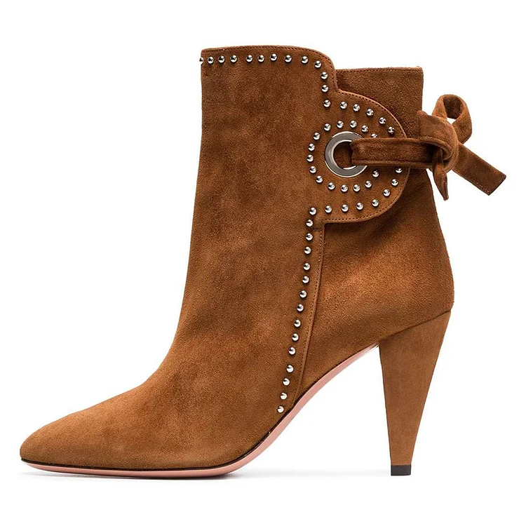 Brown Suede Cone Heel Ankle Booties with Back Lace-Up Vdcoo