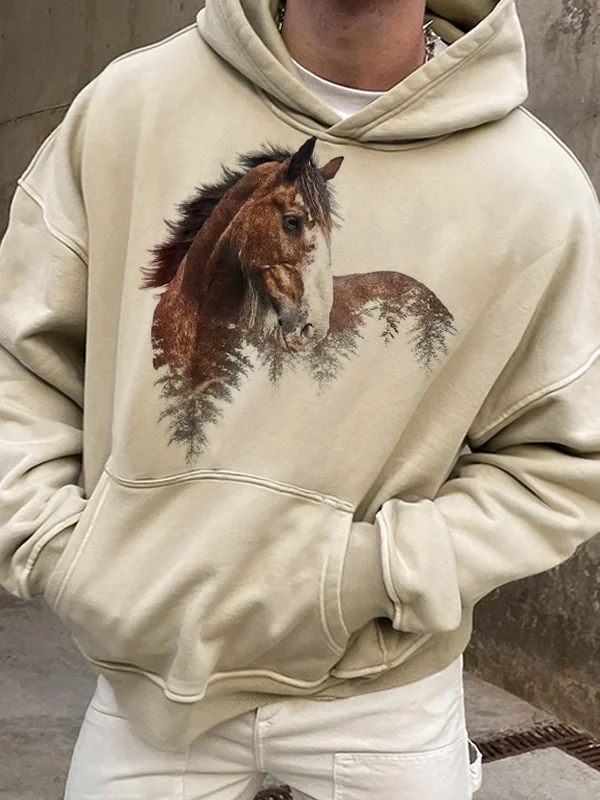Men's Big Pocket Horse Head Graphic Print Hooded Sweatshirt
