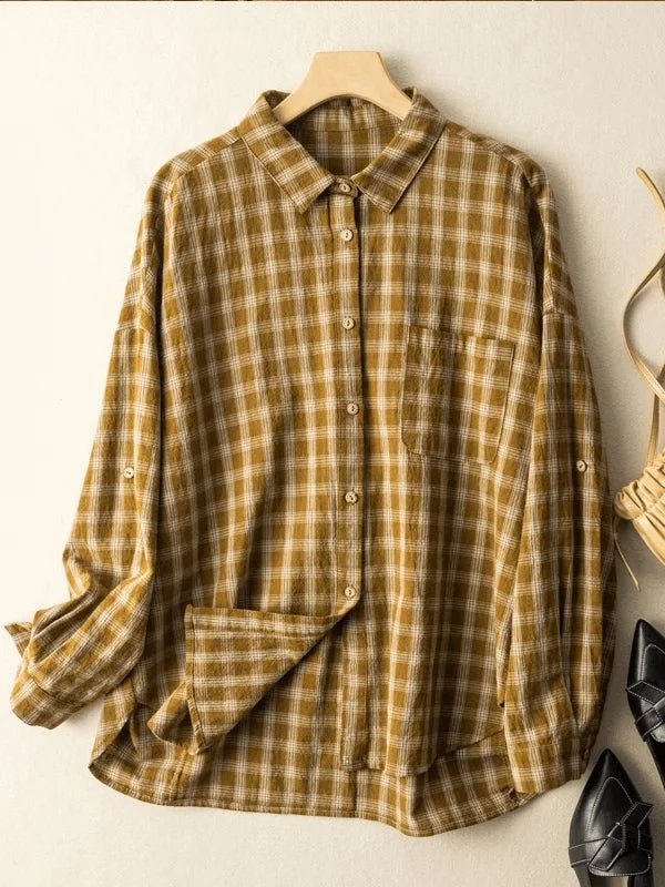 Natural Fabric Classic Plaid Style Casual Loose Shirt