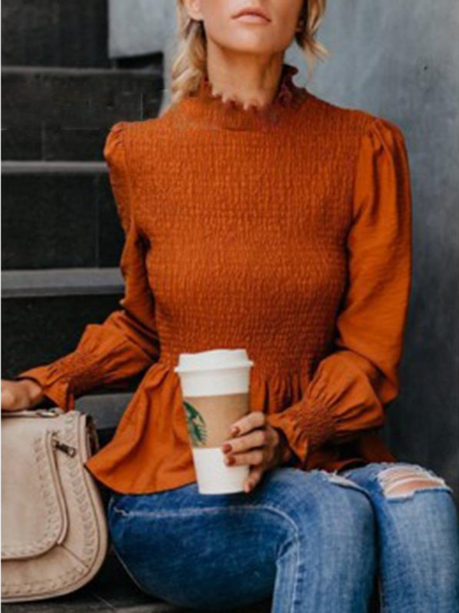 Women's Fashion Solid Chiffon Turtle Neck Solid Shirred Long Sleeve Blouses Zaesvini