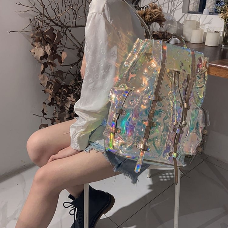 Cool Trendy Colorful Old Flower Pattern Laser Transparent Travel Backpack SS0806