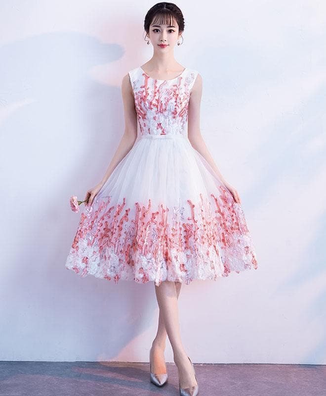Pink Round Neck Lace Tulle Short Prom Dress, Pink Homecoming Dress