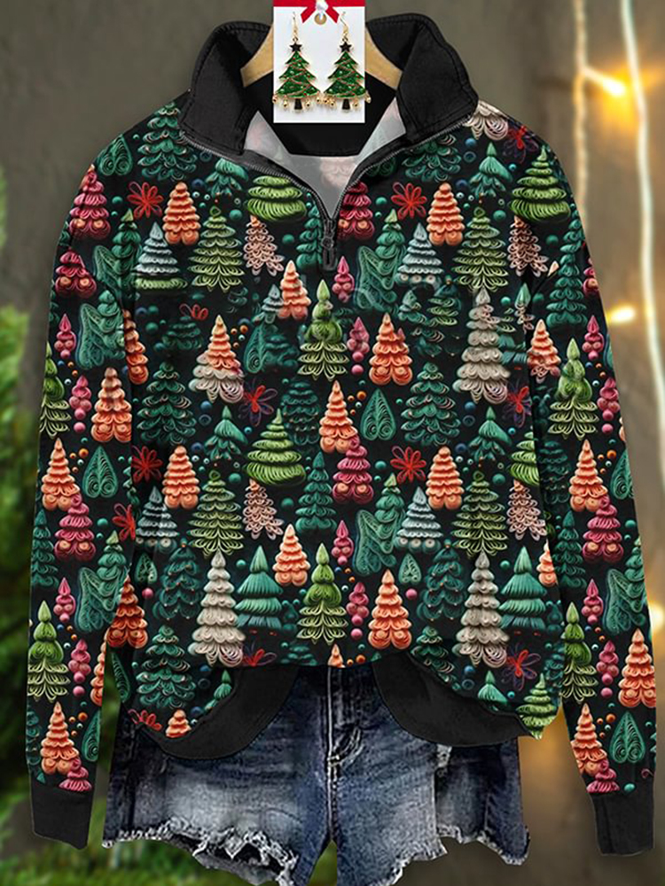 Comstylish Vintage Christmas Tree Print ZipUp Sweatshirt