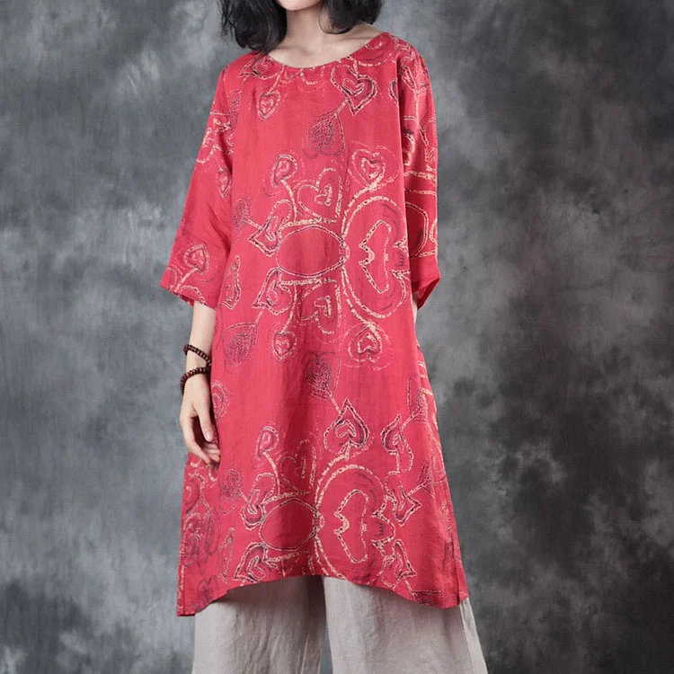 fine red linen tops oversize traveling blouse women half sleeve print O neck linen blouses