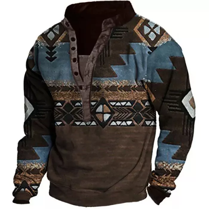 Mens Ethnic Print Henley Collar Sweatshirt