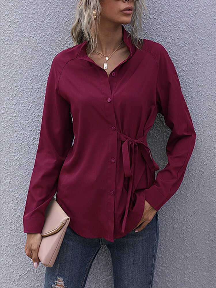 Solid Color Button Knotted Long Sleeve Casual Shirt for Women P1799493
