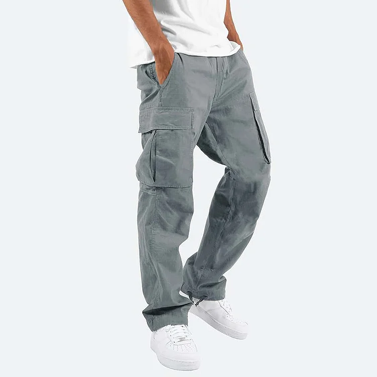 Fashion Solid Drawstring Multi-pocket Straight Leg Cargo Pants