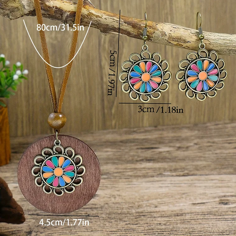 3pcs Vintage Round Antique Bronze Distressed Multicolor Floral Rice Beads Beaded And Zicron Embellished Earrings Necklace Set