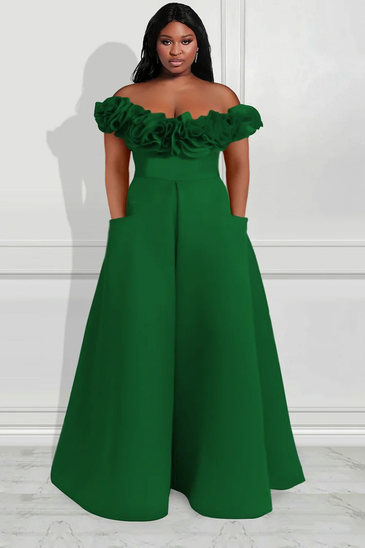 Plus Size Green Formal Satin Ruffle Off The Shoulder With Pocket Wide Leg Jumpsuits