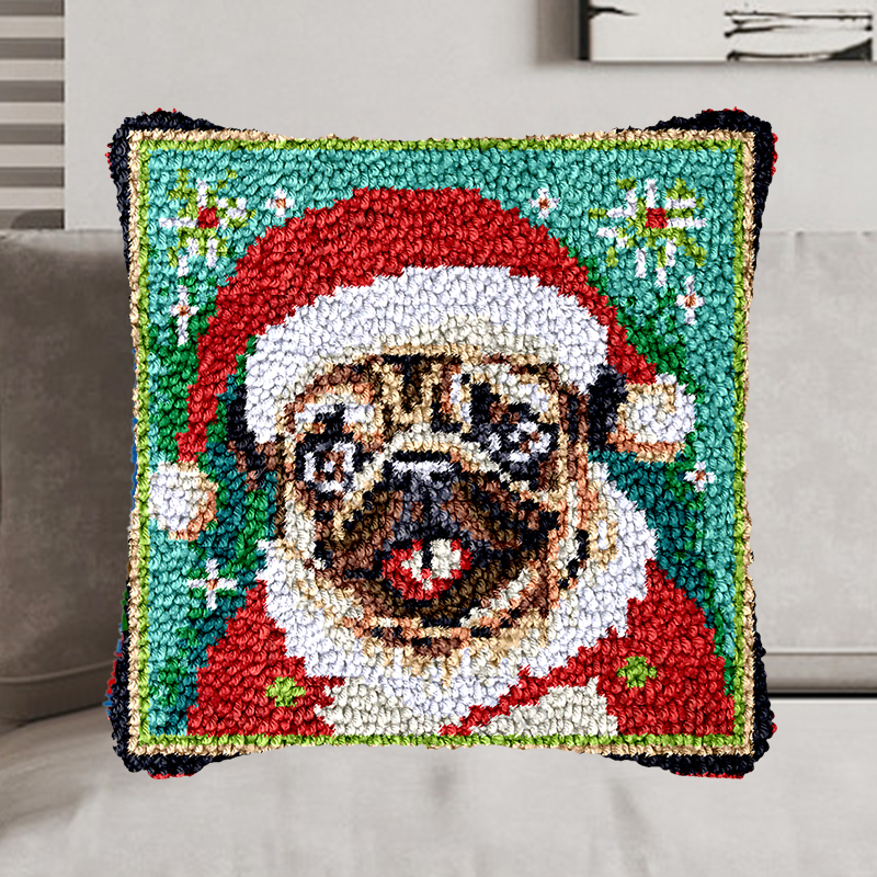 Christmas Bulldog Dog Pillowcase Latch Hook Starter Kit for Beginners