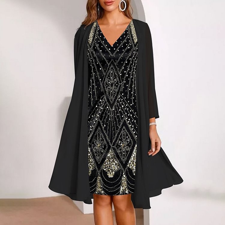 V Neck Casual Chiffon Print Suit Mini Dress