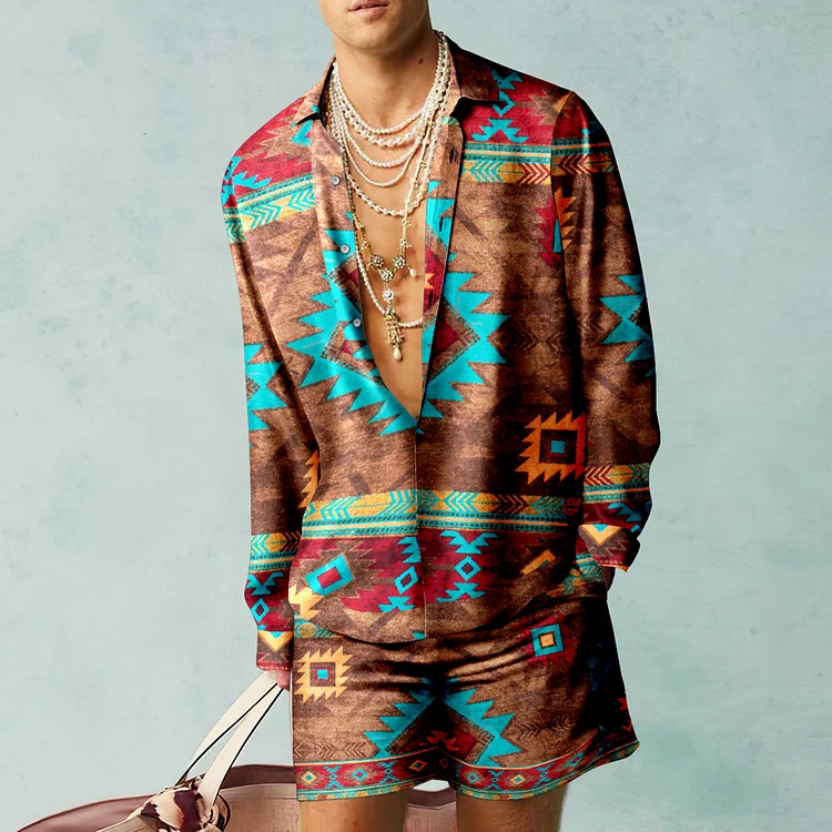 BrosWear Tribal Geometric Texture Shirt And Shorts Co-Ord