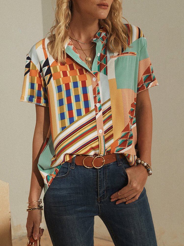 Striped Geometric Printed Stand Collar Short Sleeve Button Blouse P1705762