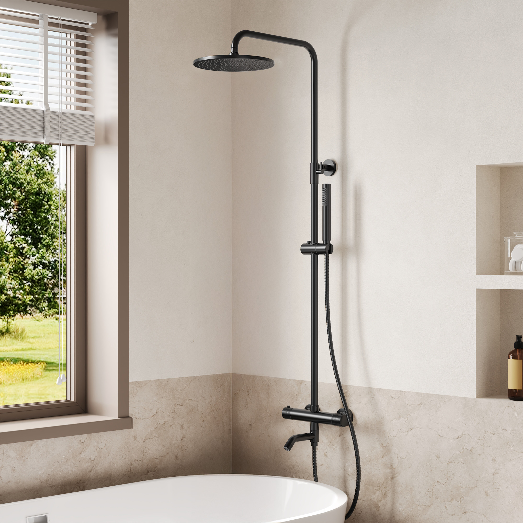 Exposed Thermostatic Bathtub and Shower Faucet Set with 10-Inch Rainfall Shower Head, 3-Function Water Outlet, Matte Black