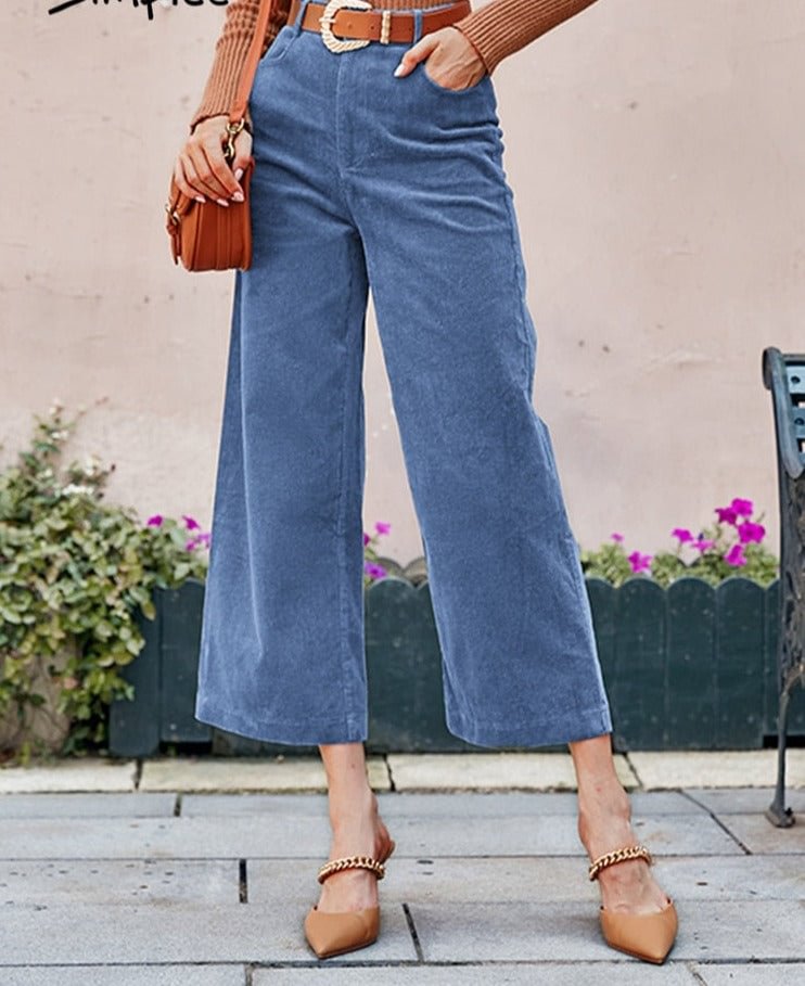 Cotton casual corduroy women long pants autumn winter Office button wide-legged trousers Fashion mid waist ladies bottom - BlackFridayBuys