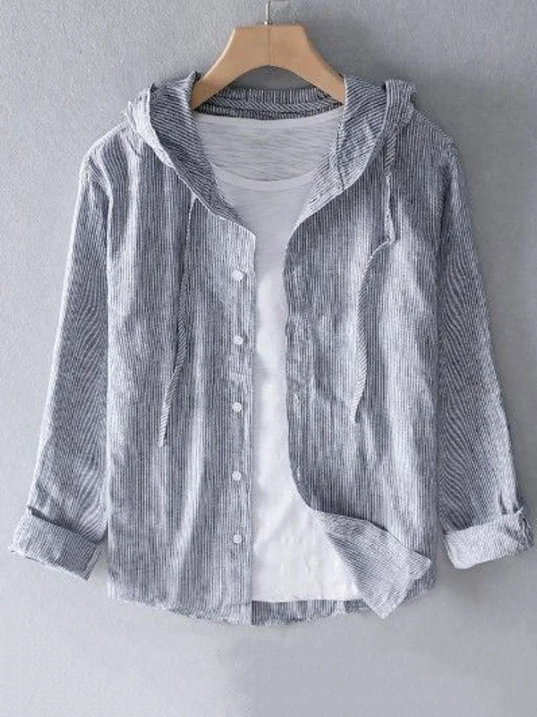 Men's Striped Print Long Sleeve Cotton And Linen Hooded Shirt