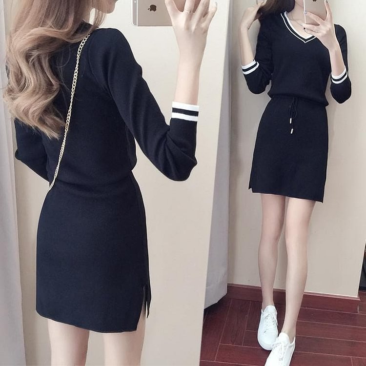 S-XL Black/Navy Long Sleeve Bodycon Knitting Dress SP168393
