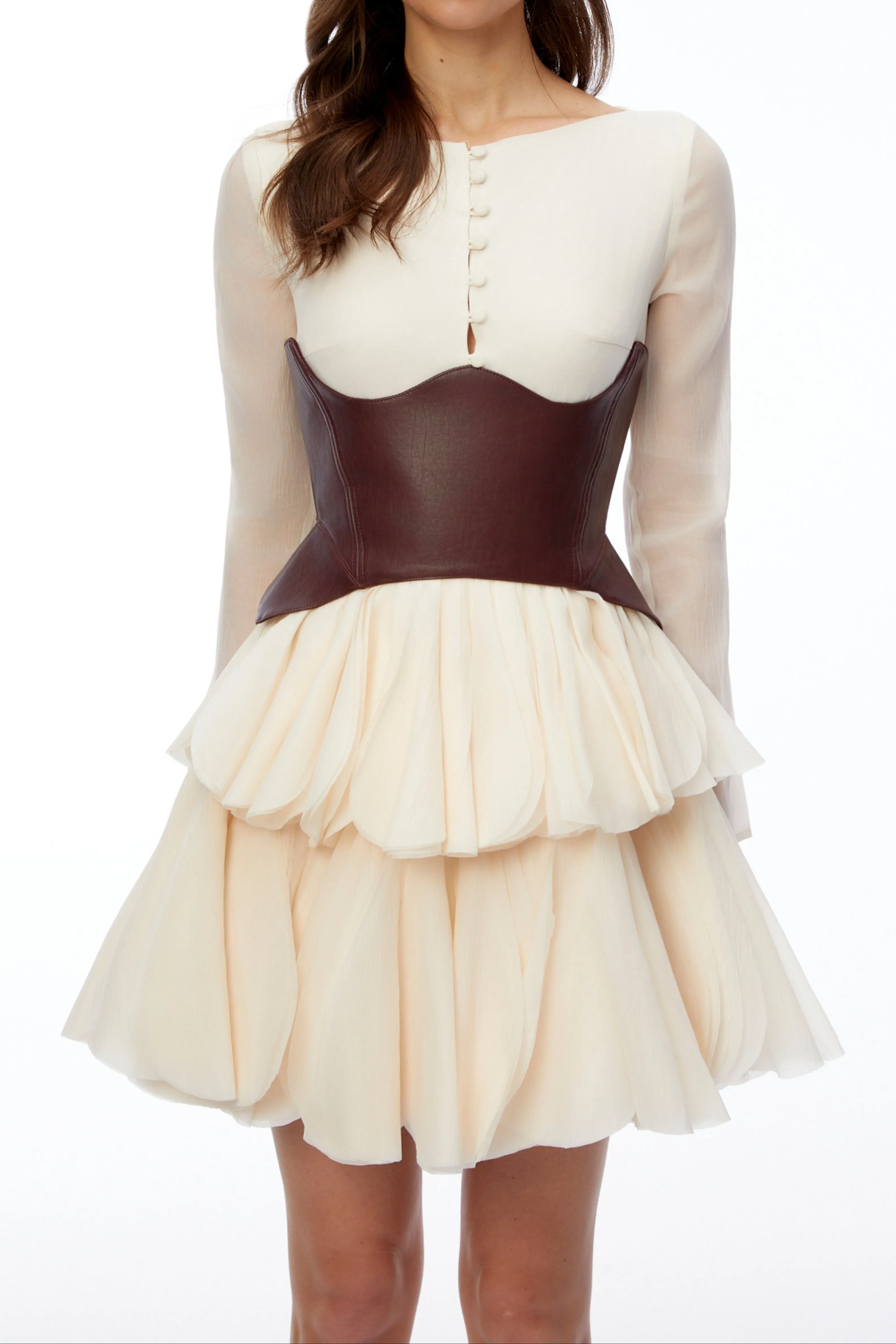 cream dress brown belt Flowering Girl Women Sheer Long Sleeve Layered Petal Mini with Leather Corset tiered-dress Color:Chestnut|Navy Blazer|Ivory Azazie Daphne Ready to As the dress contains