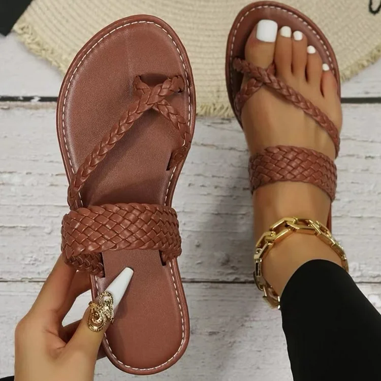 Women's Flat Slide Sandals, Weave Detail Thong Sandals, Braided Vamp Beach Slippers
